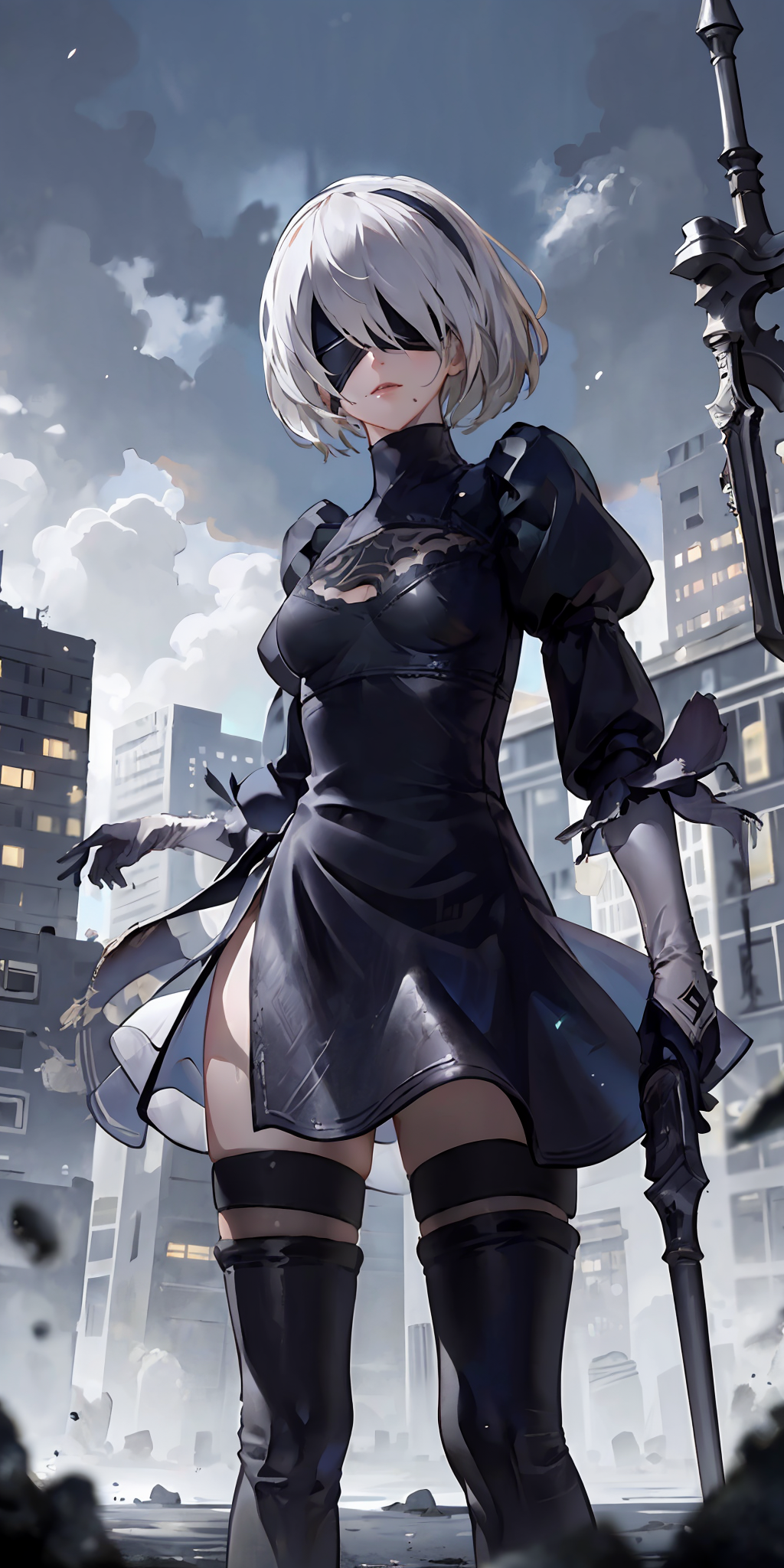 12831-2842621826-((masterpiece,best quality)),1girl,solo,blindfold, standing, ruined city,  ,holding weapon, weapon.png